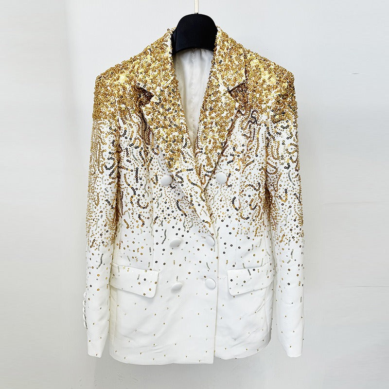 Fashion heavy industry gradient nail bead sequin double breasted suit jacket jacket