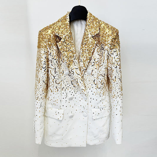 Fashion heavy industry gradient nail bead sequin double breasted suit jacket jacket