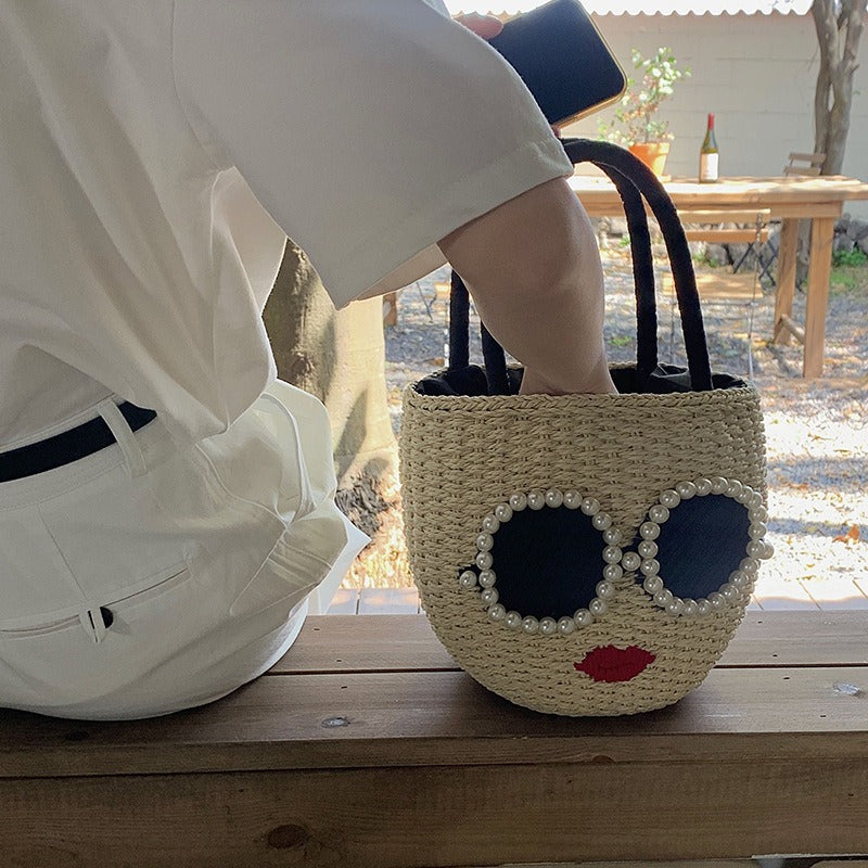 Japanese fashion rattan woven handbag, cute cartoon Japanese style water bucket woven bag