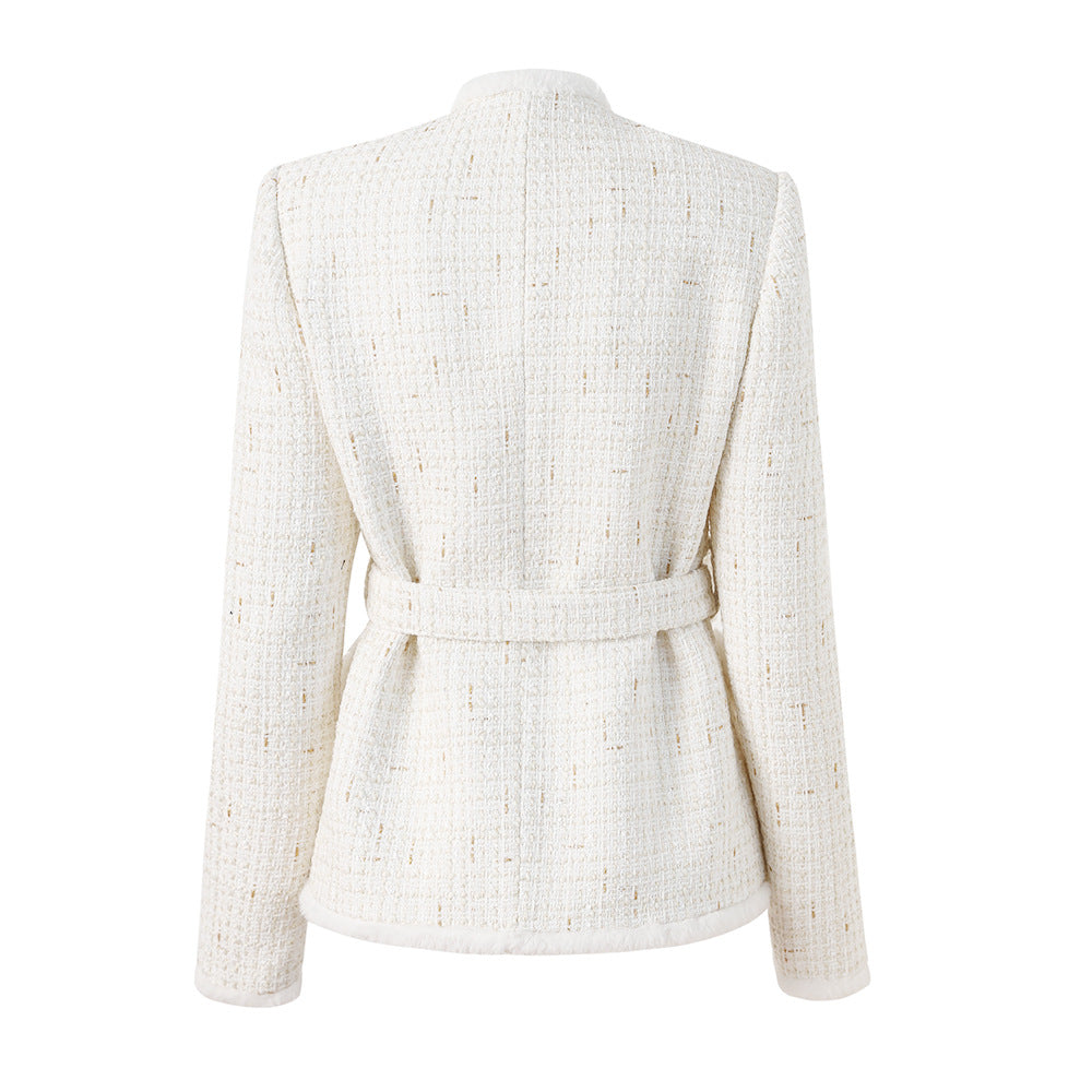 White woolen patchwork small stand up collar with lace up new socialite's light luxury jacket trendy top