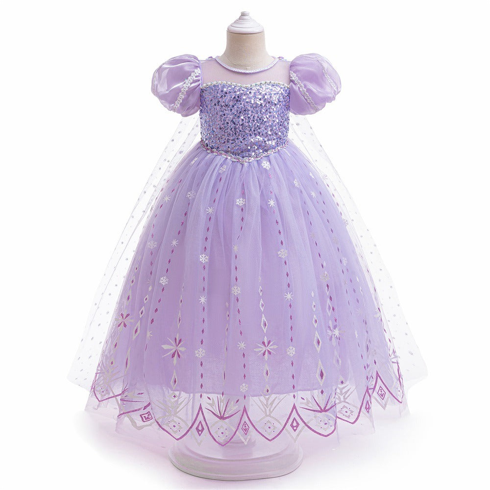 Frozen 2 Elsa Princess Dress Purple Bubble Sleeves Pearl Mesh Girls' Cosplay Dress Performance Dress