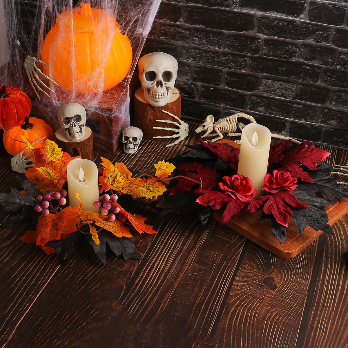 Halloween Candle Wreath Maple Leaf Rose Candlestick Decorative Ring Desktop Decoration Party Supplies Ornament