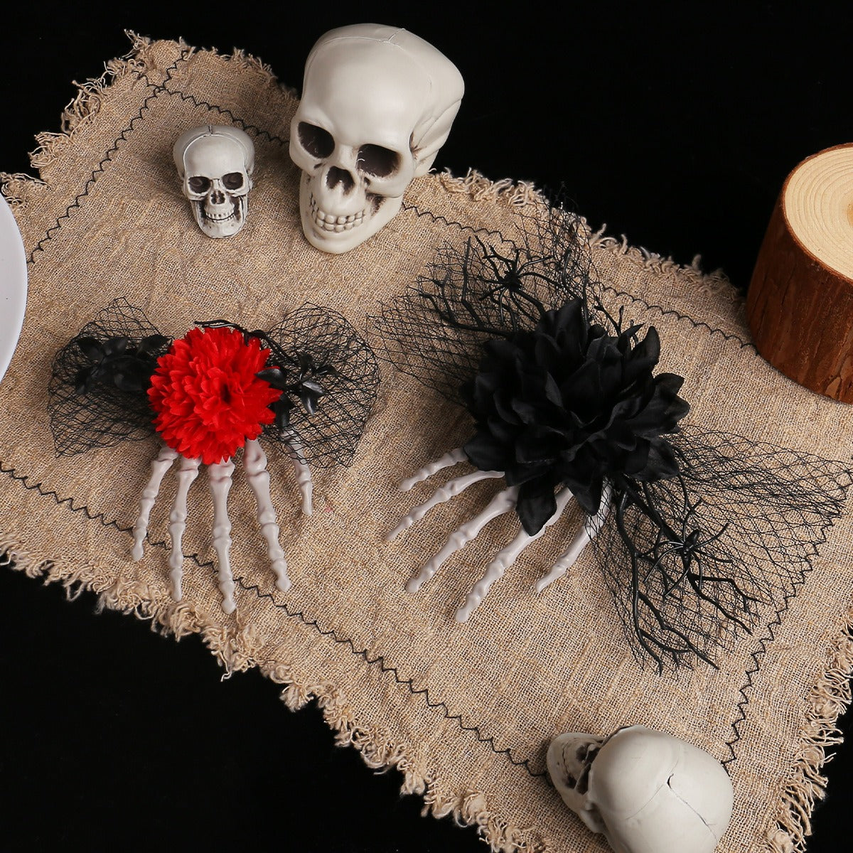 Horror Skeleton Hand Bone Rose Hair Clip Halloween Unique Ball Dress up Mesh Side Clip Decoration