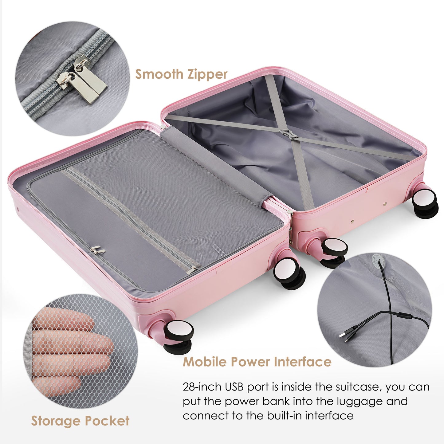 Luggage Set of 3, 20, 24, 28 inch luggage set with USB port, cup holder, ABS hard shell with rotating wheels, pink