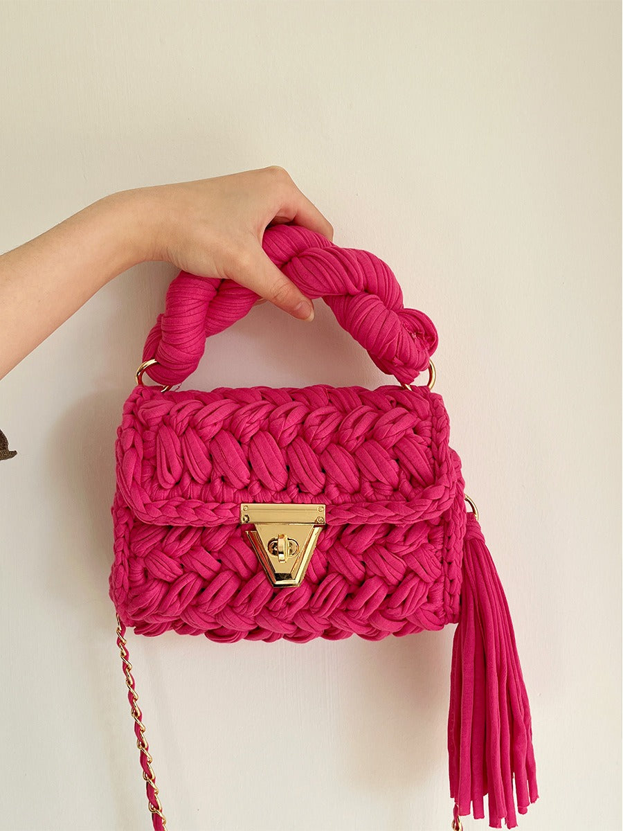 Hand woven bag crochet bag shoulder bag women's Fried Dough Twists portable tassel bag