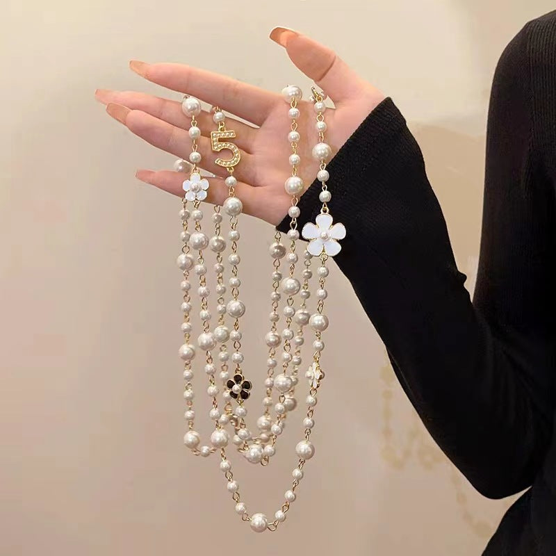 Pearl necklace Korean fashion long style multi-layer 5-character small fragrance pendant accessory decorative chain