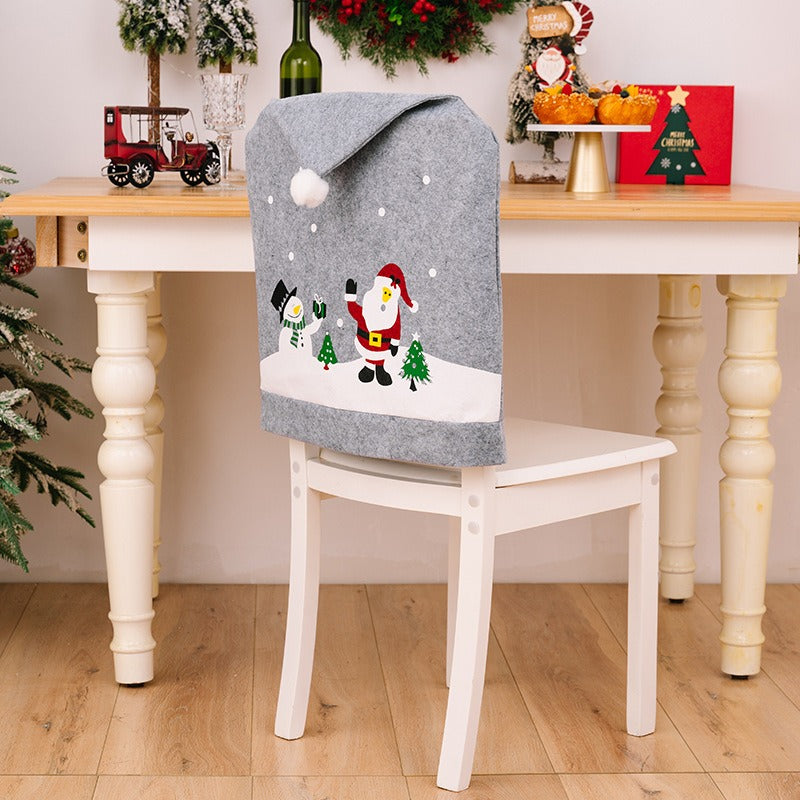 Grey printed chair cover elderly snowman non-woven fabric chair cover Christmas hat dining chair cover home use