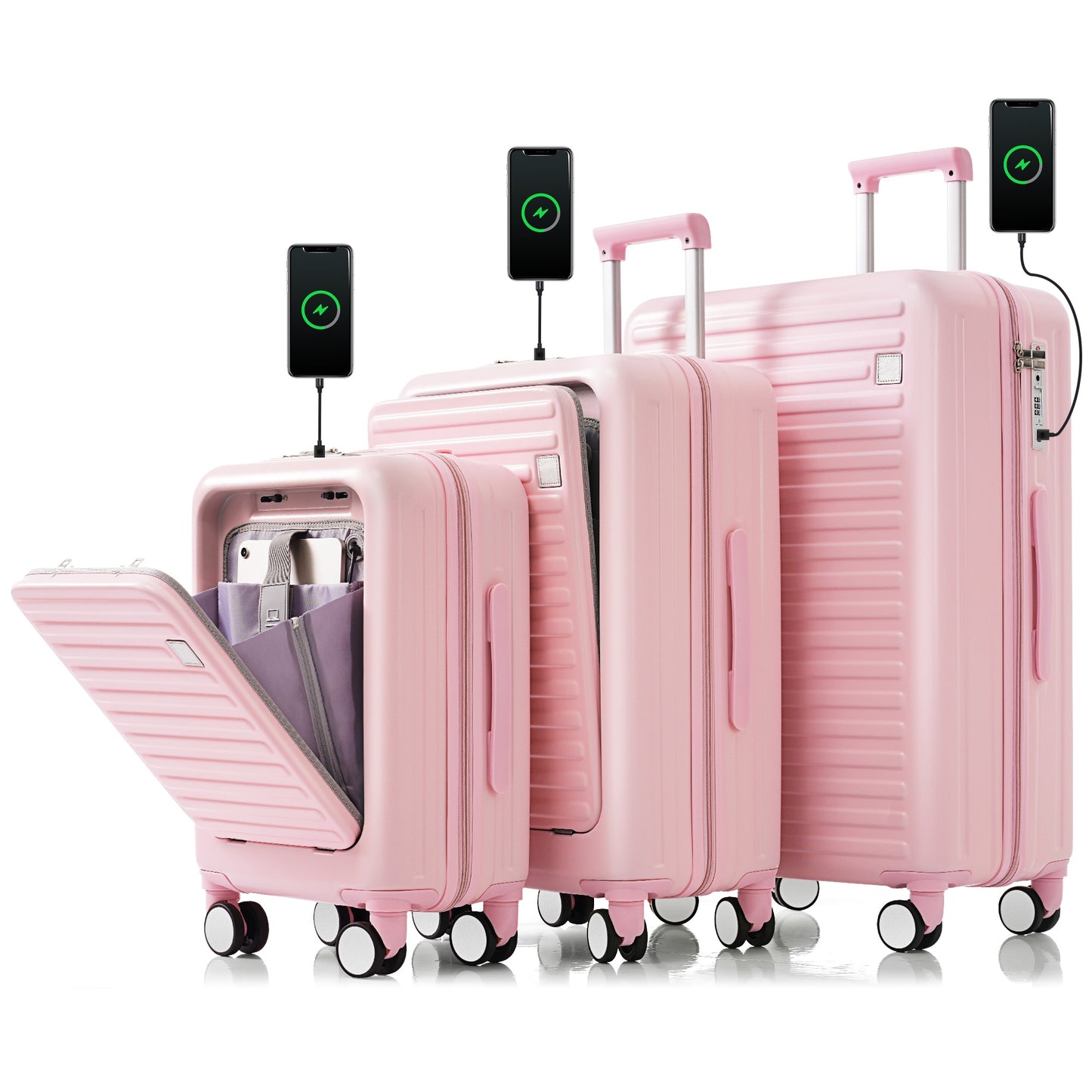 Luggage Set of 3, 20, 24, 28 inch luggage set with USB port, cup holder, ABS hard shell with rotating wheels, pink