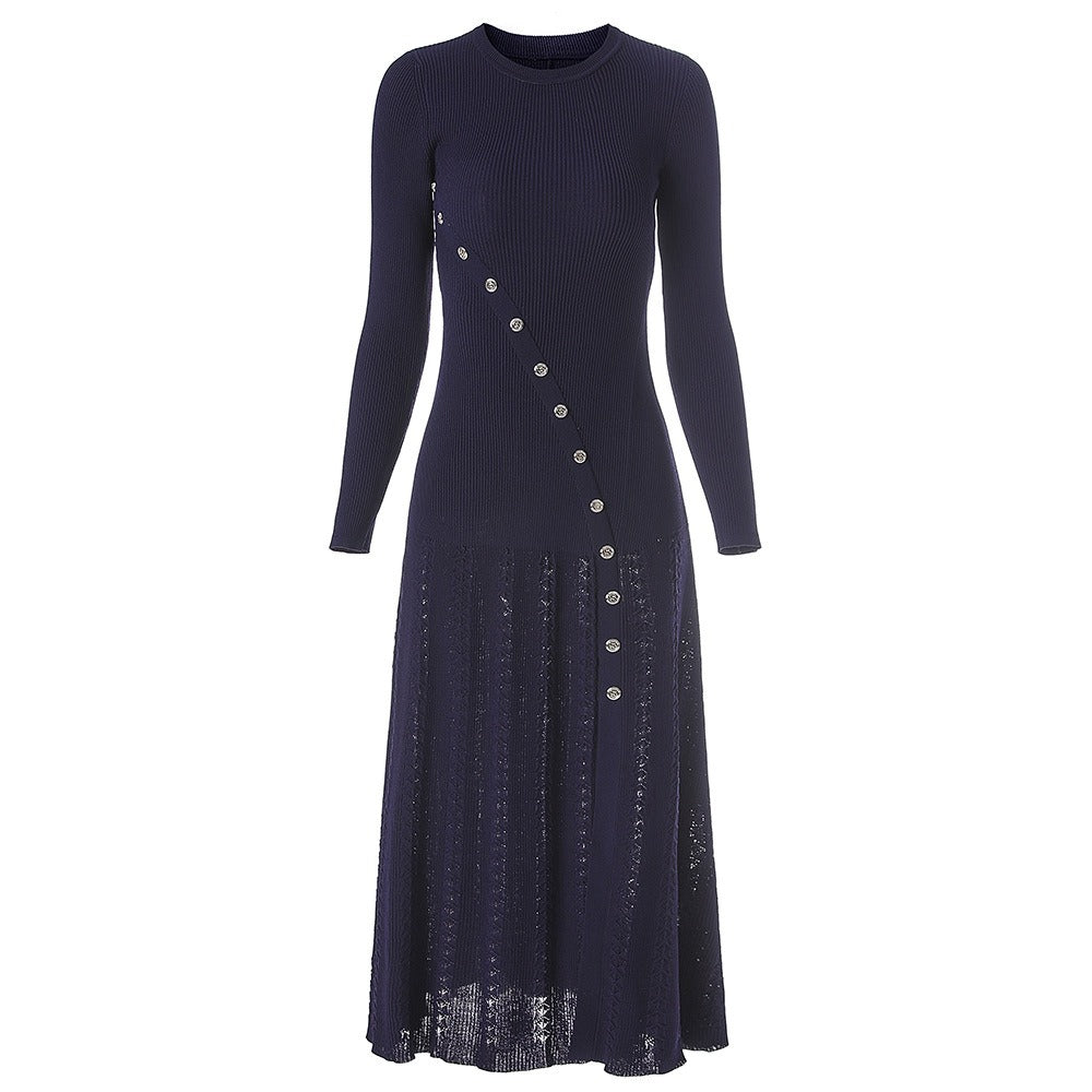 Long sleeved design with curved buttons heavy-duty elastic round neck mid east wind long dress