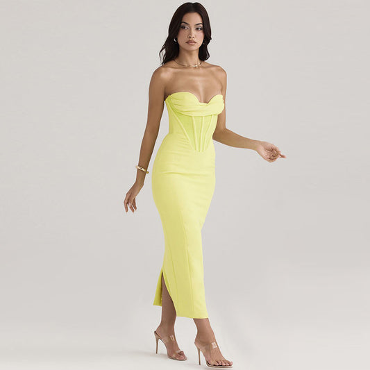 Solid color strapless fishbone back slit tight and sexy dress