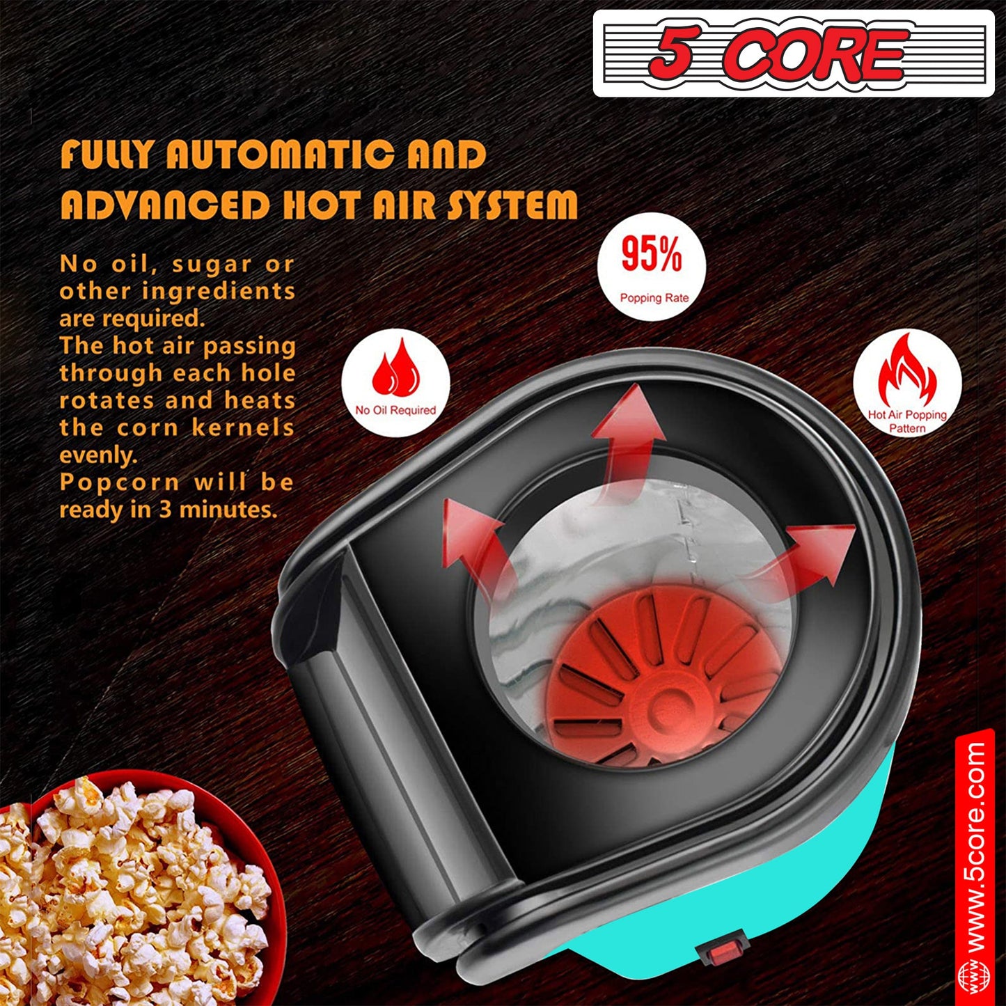 5Core Hot Air Popcorn Machine, 16 Cup, Electric Oil-Free Pop Corn