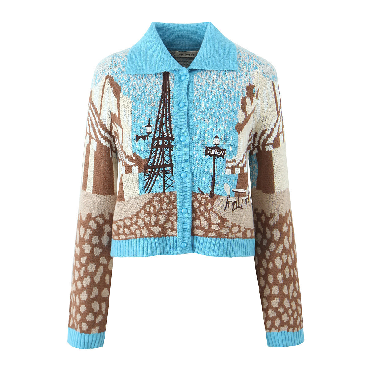 New European and American style printed short style lapel long sleeved knitted cardigan jacket