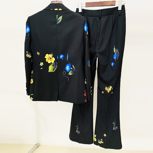 Stylish temperament digital printing one button suit flared pants set