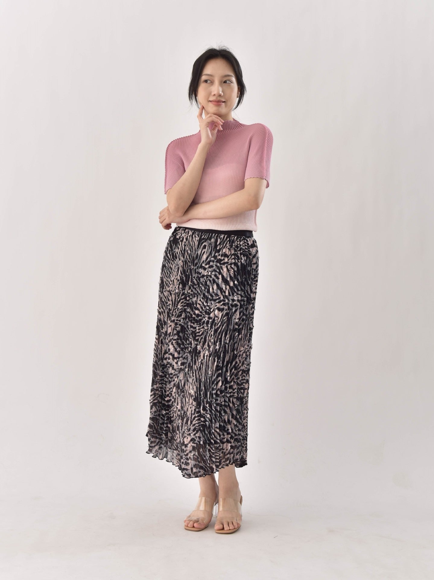 Wool ball yarn tiger print double-layer elastic waist high waist uniform size accordion pleat