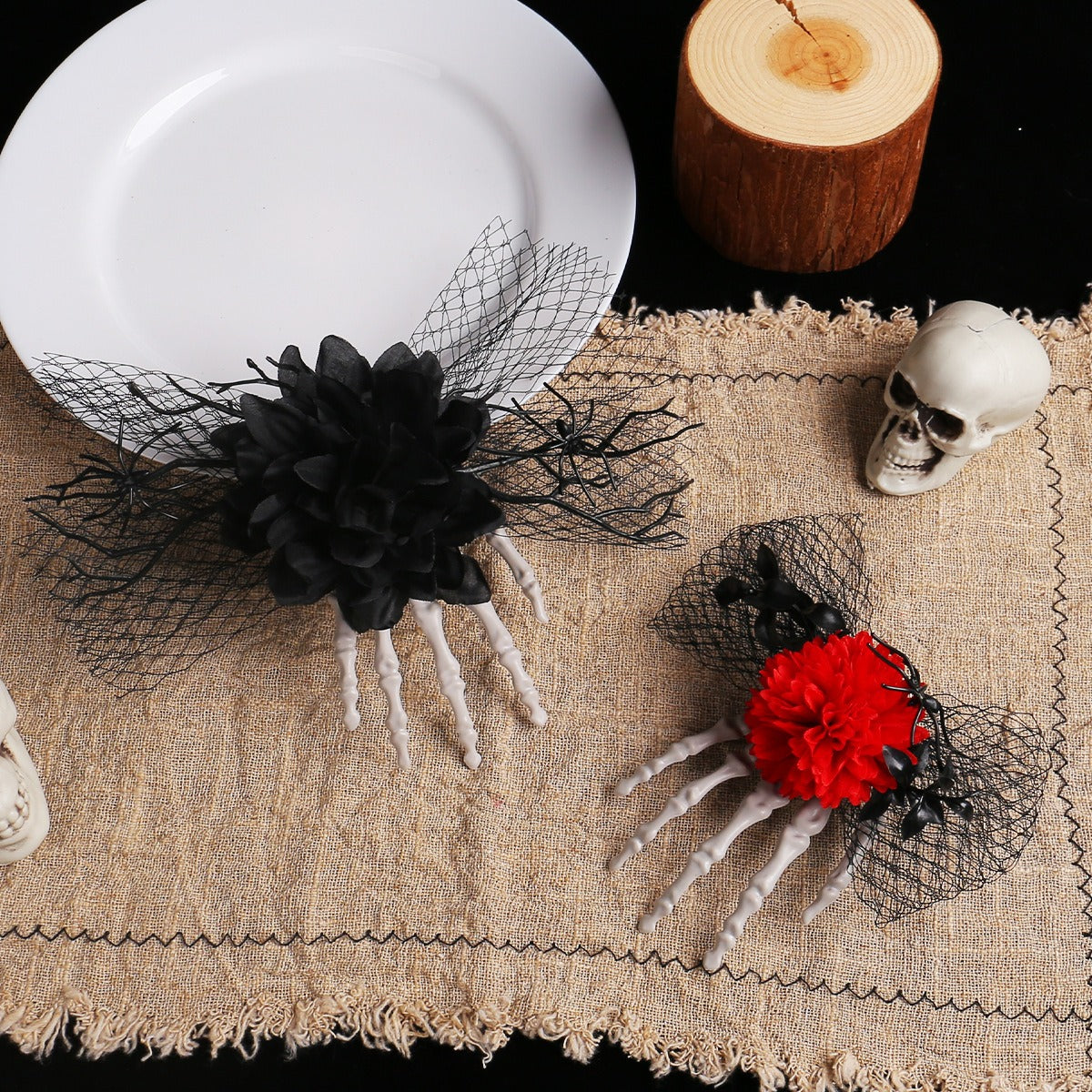 Horror Skeleton Hand Bone Rose Hair Clip Halloween Unique Ball Dress up Mesh Side Clip Decoration