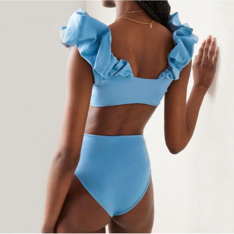 New one-piece bikini bubble shoulder solid color high waist split swimsuit