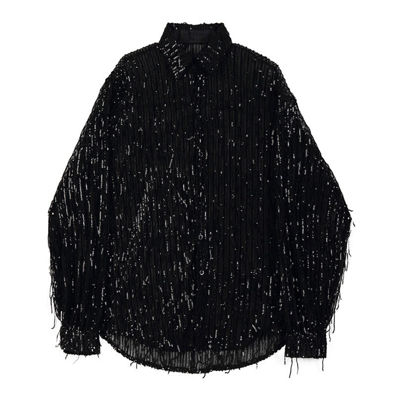 Sequin bead shirt men's heavy craft tassel shirt