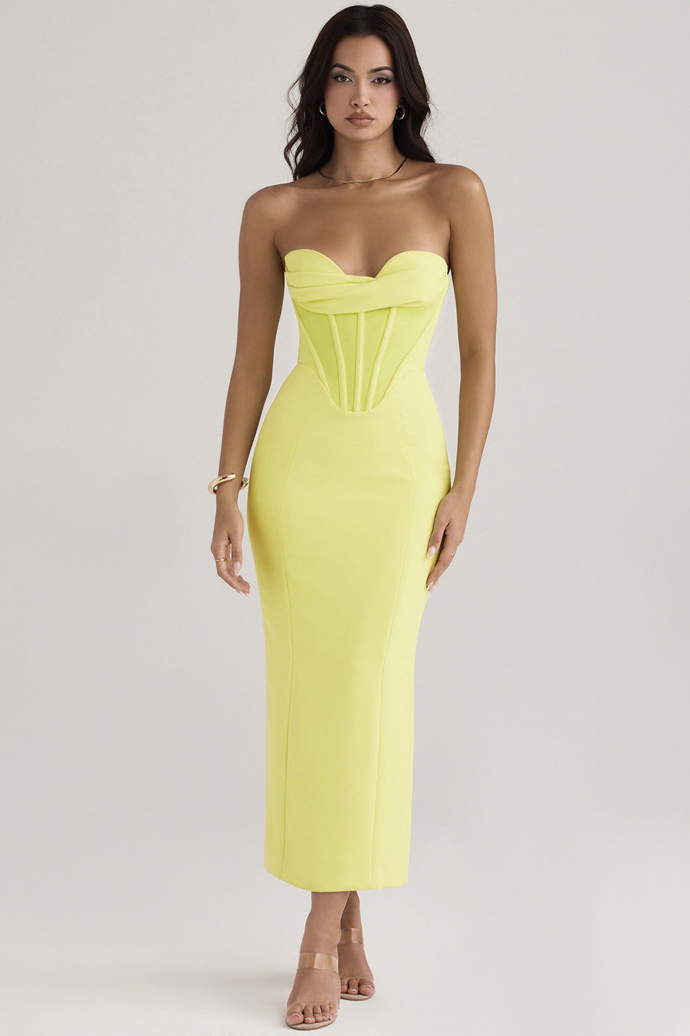 Solid color strapless fishbone back slit tight and sexy dress