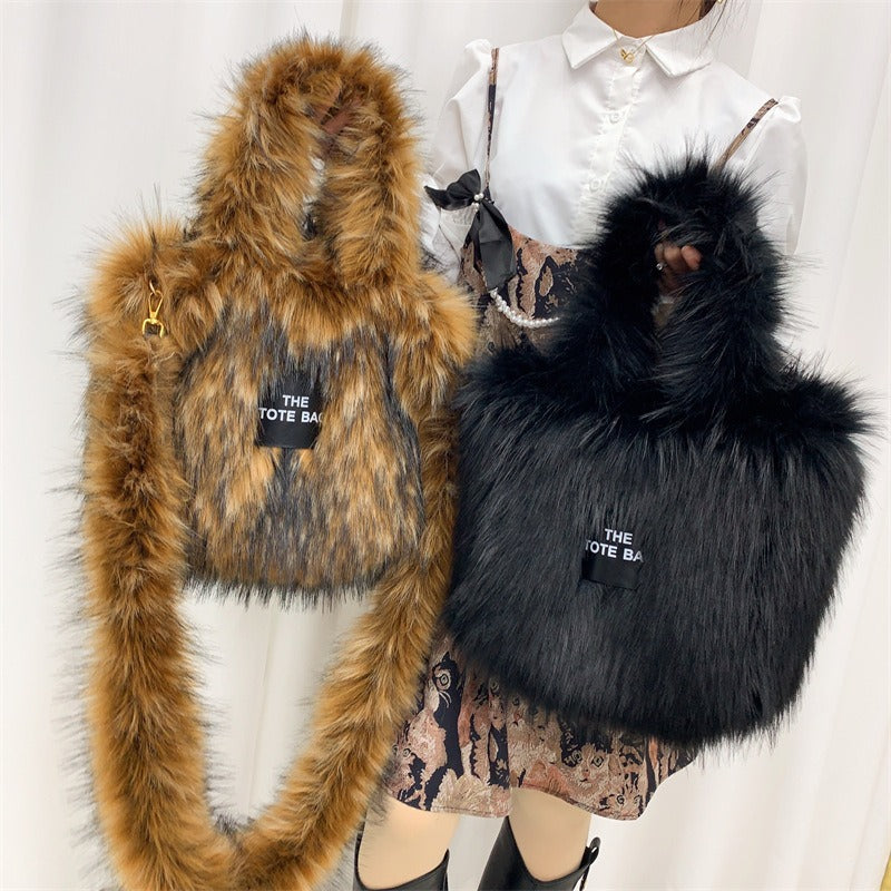 Crossbody Tote Bag Imitation Raccoon Fur Grass Plush Large Capacity Tote Bag Personalized Retro