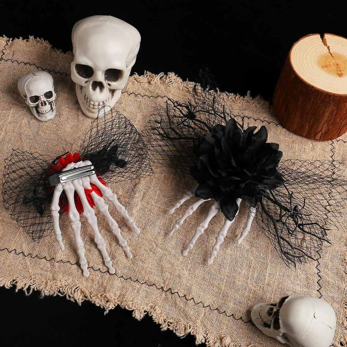 Horror Skeleton Hand Bone Rose Hair Clip Halloween Unique Ball Dress up Mesh Side Clip Decoration