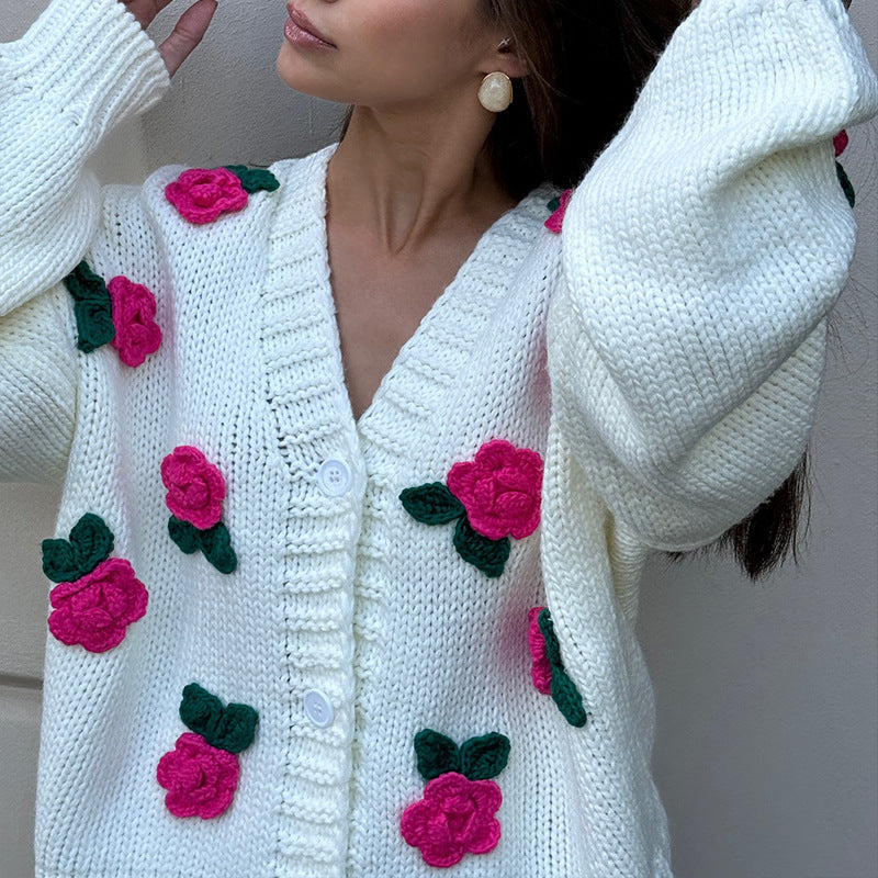 Three dimensional rose blossom knitted cardigan top hand crocheted sweater jacket