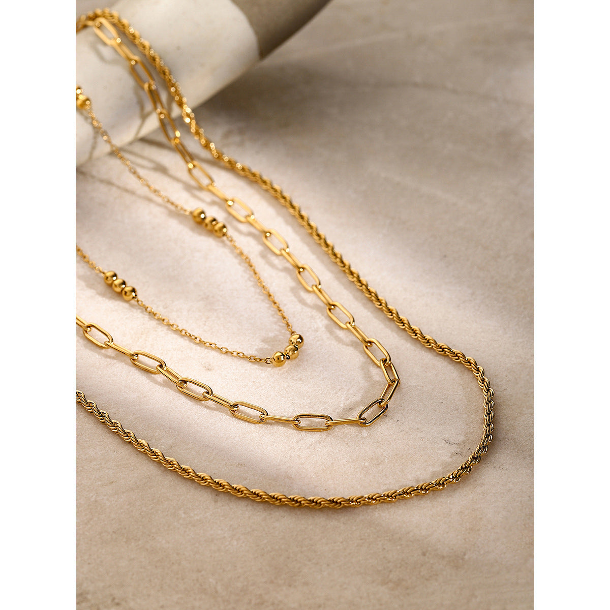 Stainless steel triple beaded loop chain Fried Dough Twists chain three-layer necklace beach style necklace