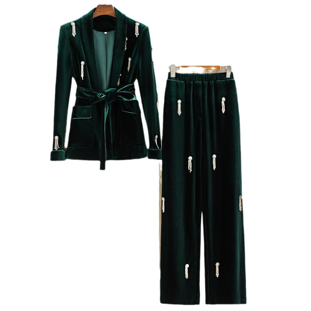 Fashion suit with green fruit collar, suit jacket, tie up elastic wide leg pants, two-piece set