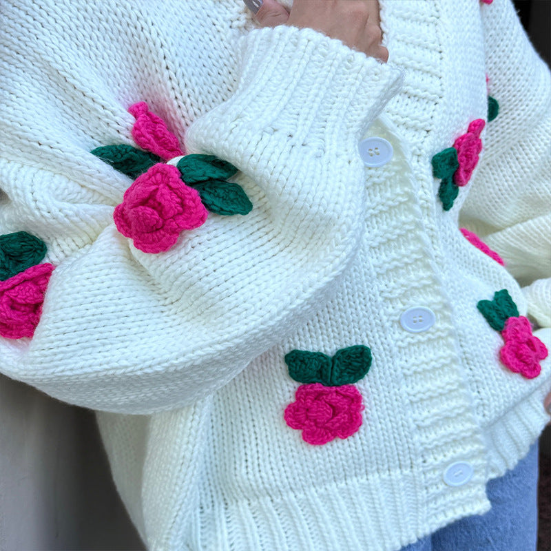 Three dimensional rose blossom knitted cardigan top hand crocheted sweater jacket