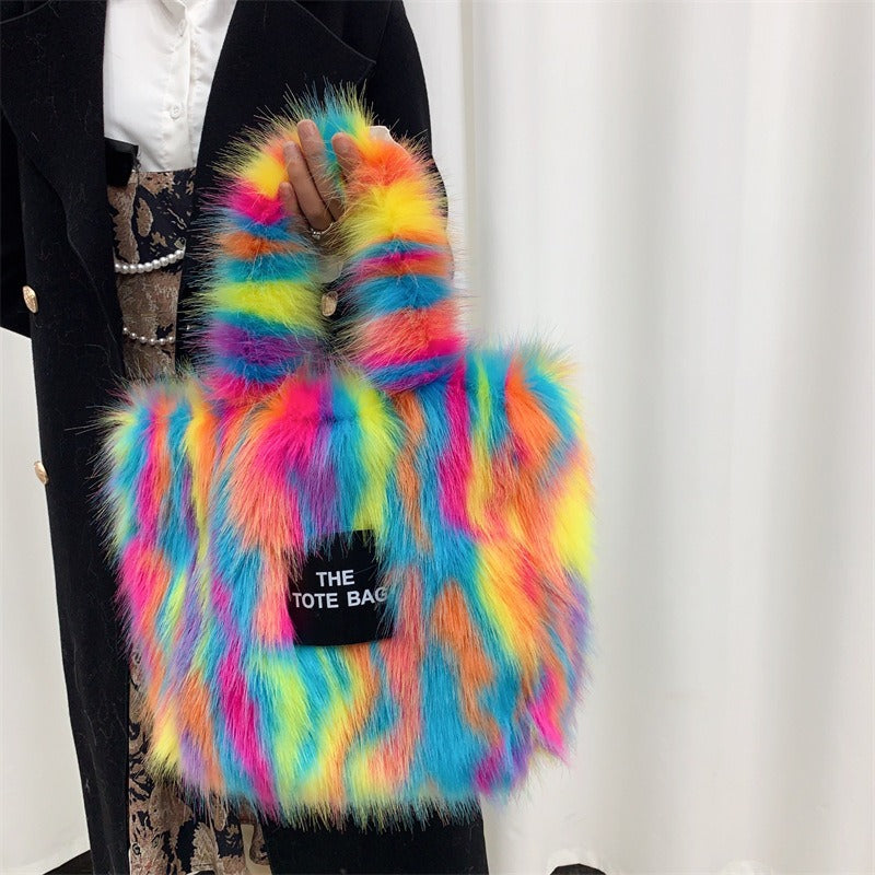 Crossbody Tote Bag Imitation Raccoon Fur Grass Plush Large Capacity Tote Bag Personalized Retro