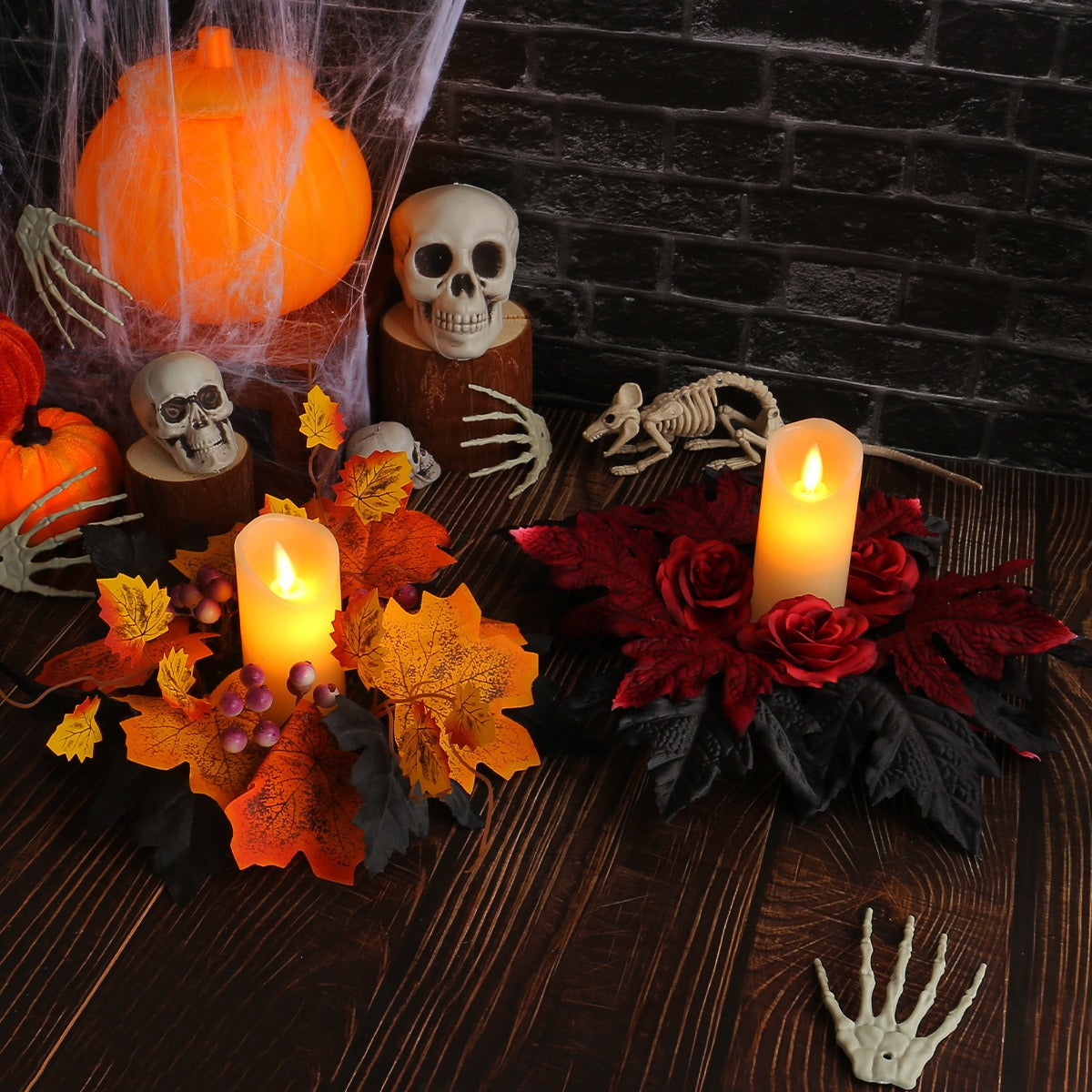 Halloween Candle Wreath Maple Leaf Rose Candlestick Decorative Ring Desktop Decoration Party Supplies Ornament