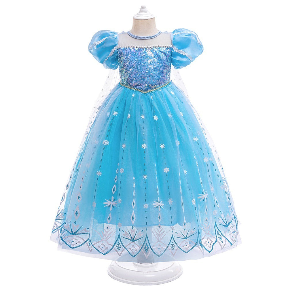 Frozen 2 Elsa Princess Dress Purple Bubble Sleeves Pearl Mesh Girls' Cosplay Dress Performance Dress