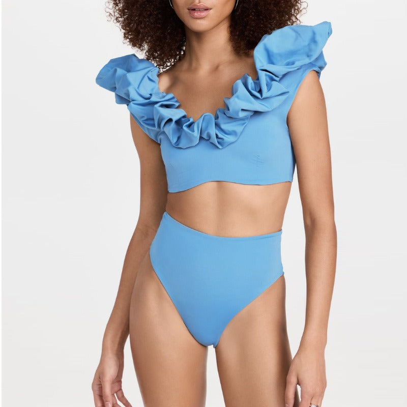 New one-piece bikini bubble shoulder solid color high waist split swimsuit