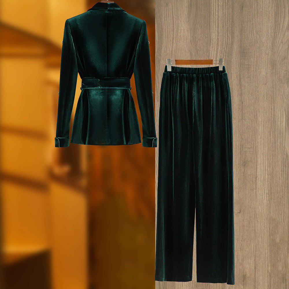 Fashion suit with green fruit collar, suit jacket, tie up elastic wide leg pants, two-piece set