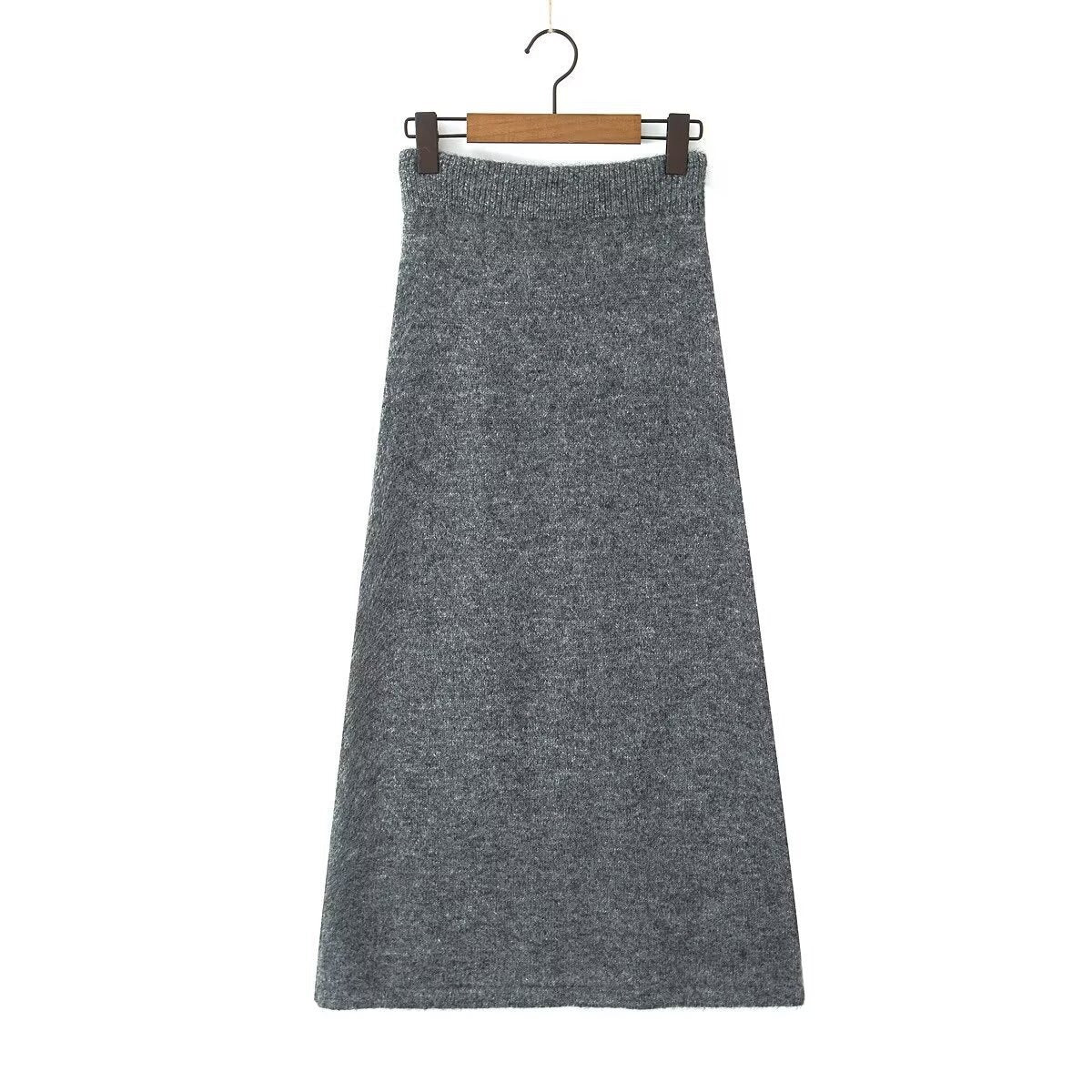 Grey V-neck long sleeved knitted sweater+high waisted knitted half length long skirt set