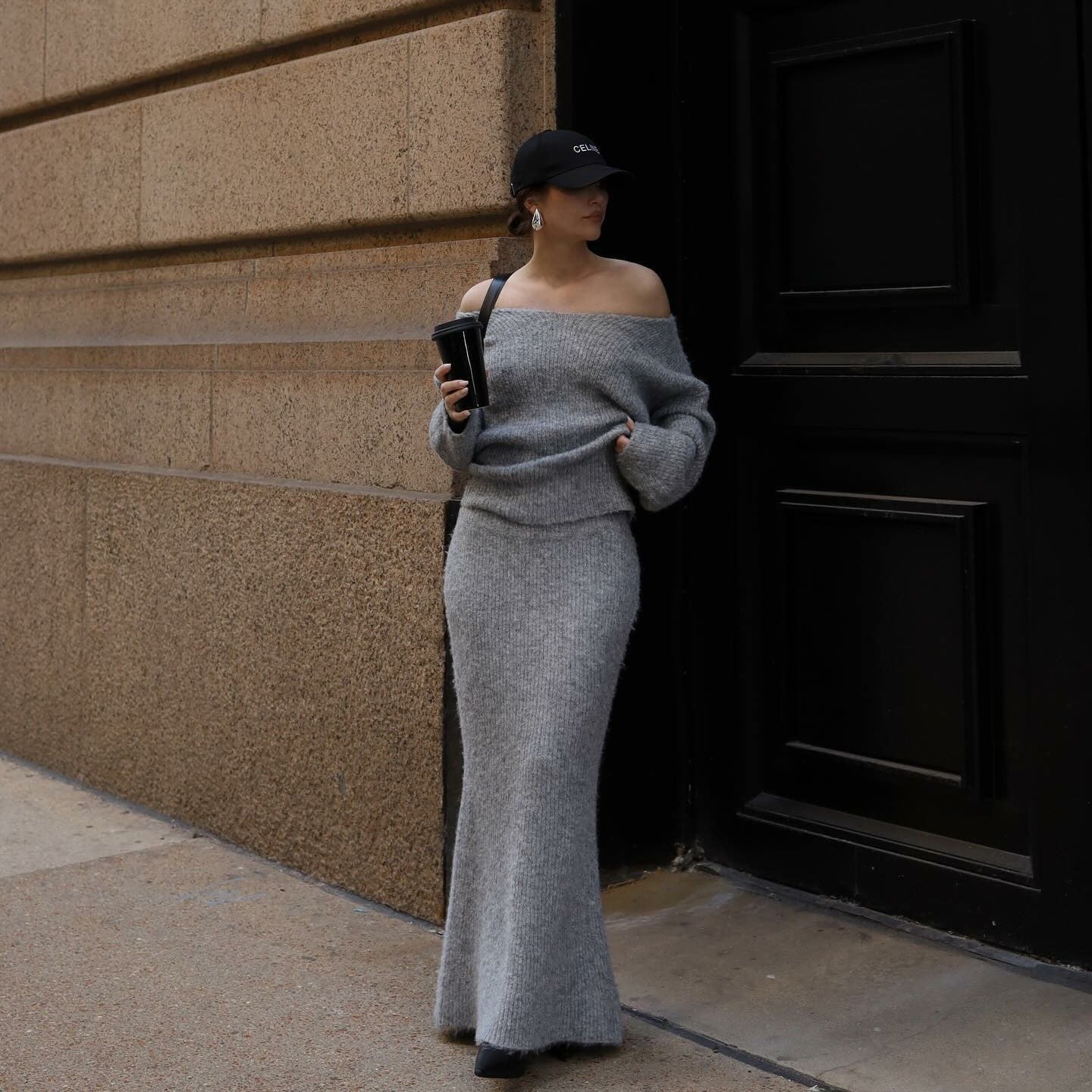 Grey V-neck long sleeved knitted sweater+high waisted knitted half length long skirt set