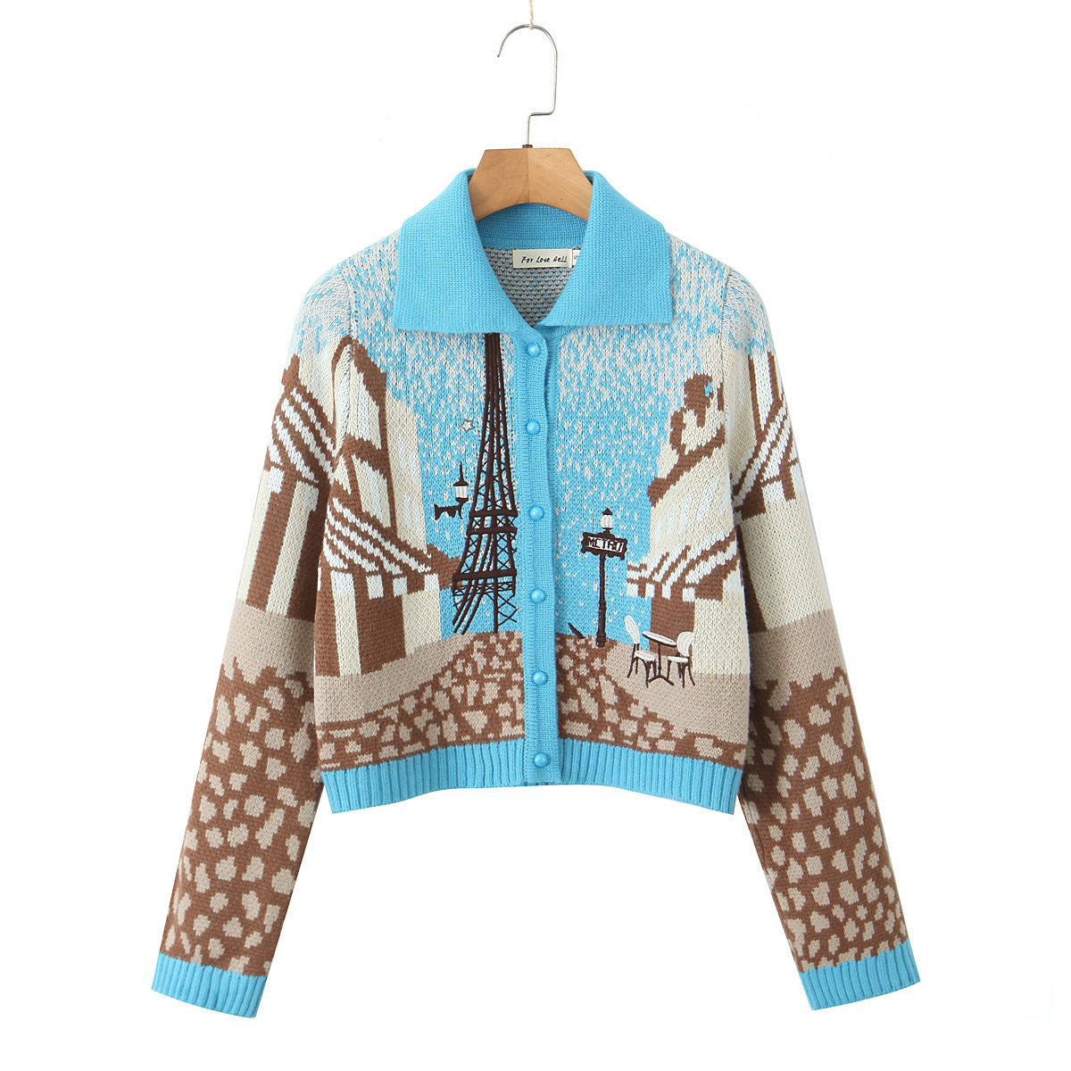 New European and American style printed short style lapel long sleeved knitted cardigan jacket