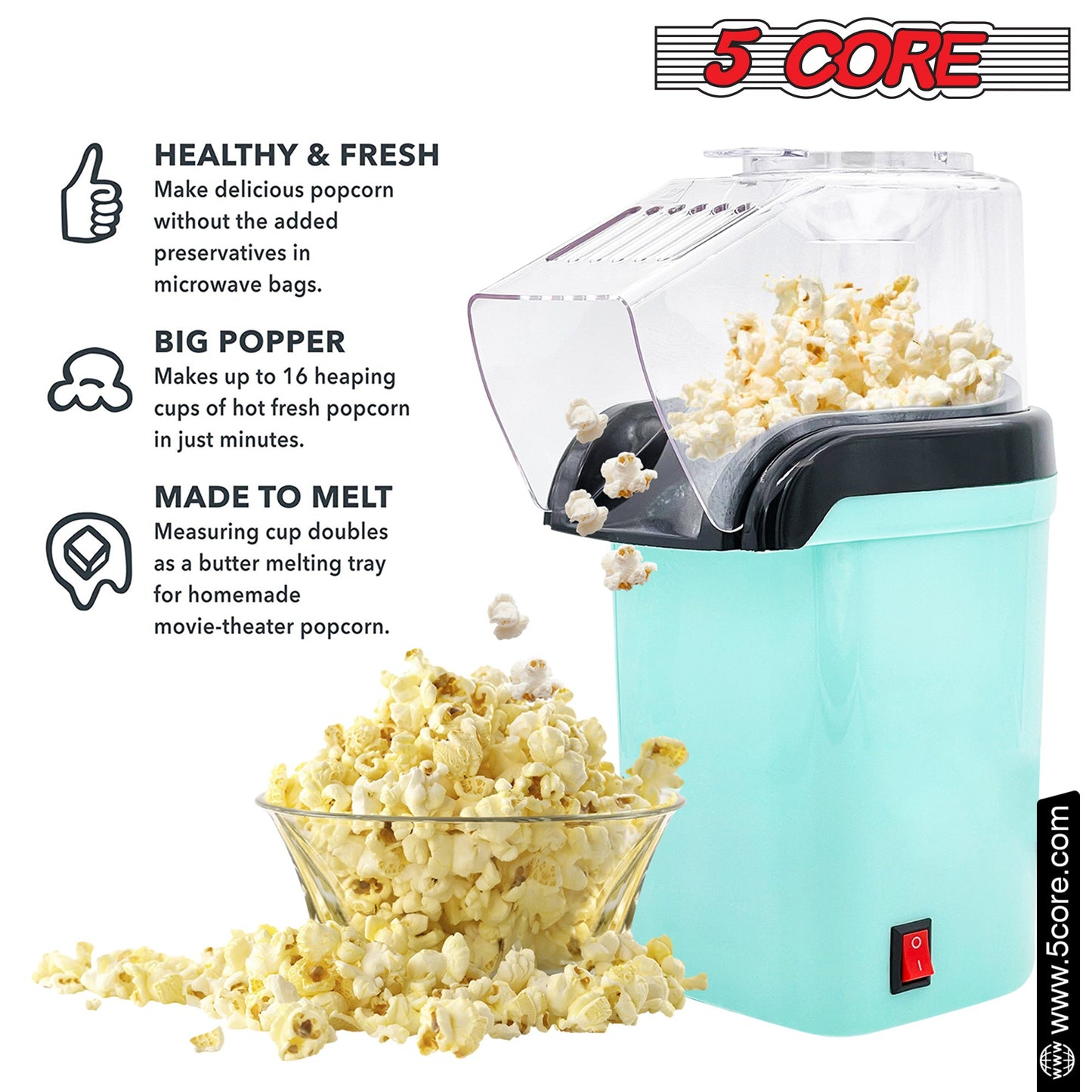 5Core Hot Air Popcorn Machine, 16 Cup, Electric Oil-Free Pop Corn