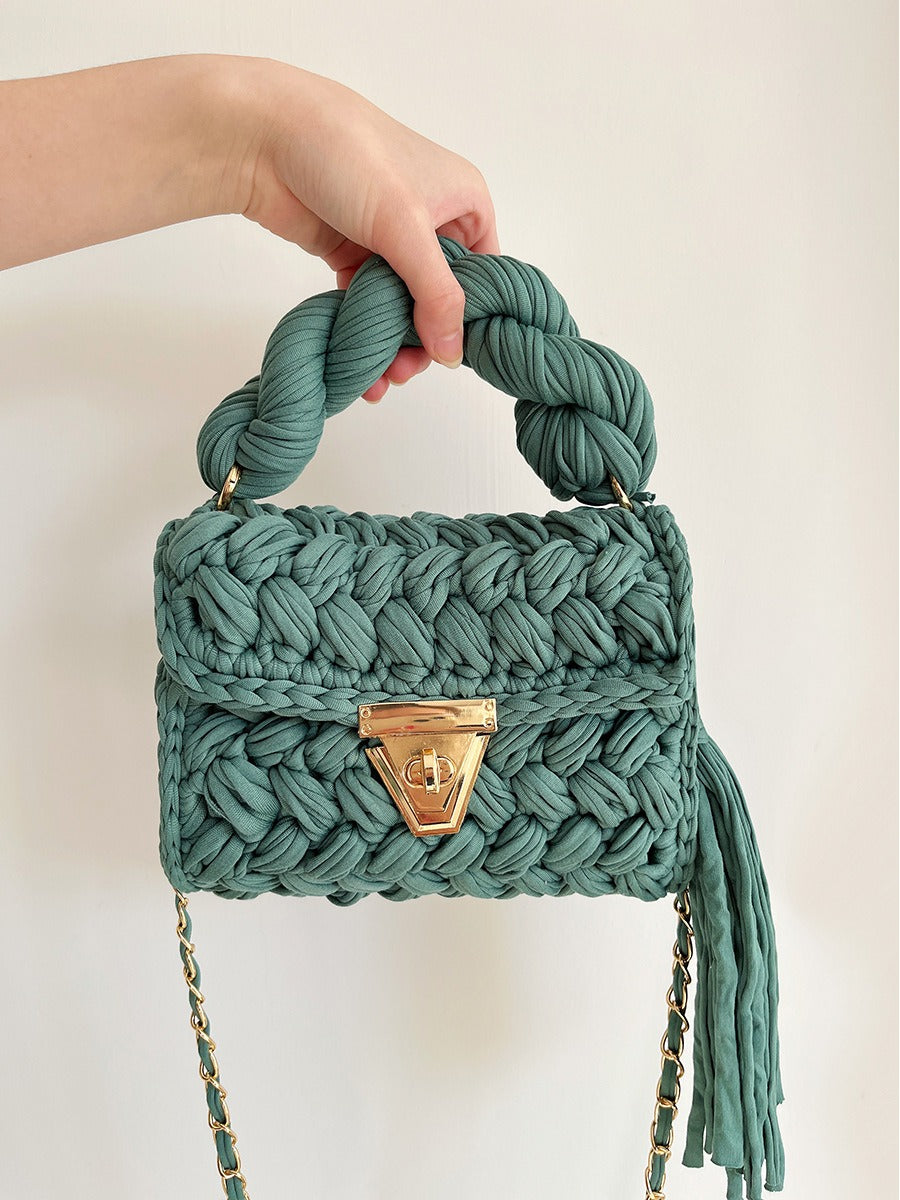 Hand woven bag crochet bag shoulder bag women's Fried Dough Twists portable tassel bag