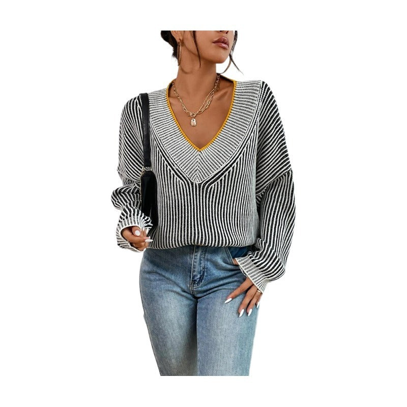 V-neck loose fitting slim bat sleeve sweater striped contrasting color pullover sweater top