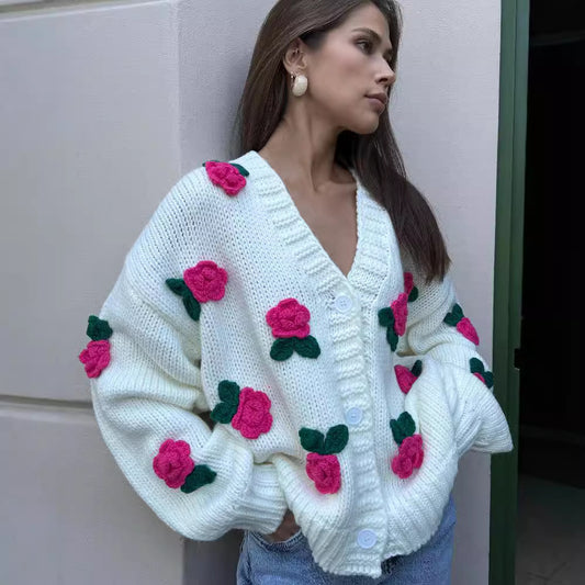 Three dimensional rose blossom knitted cardigan top hand crocheted sweater jacket