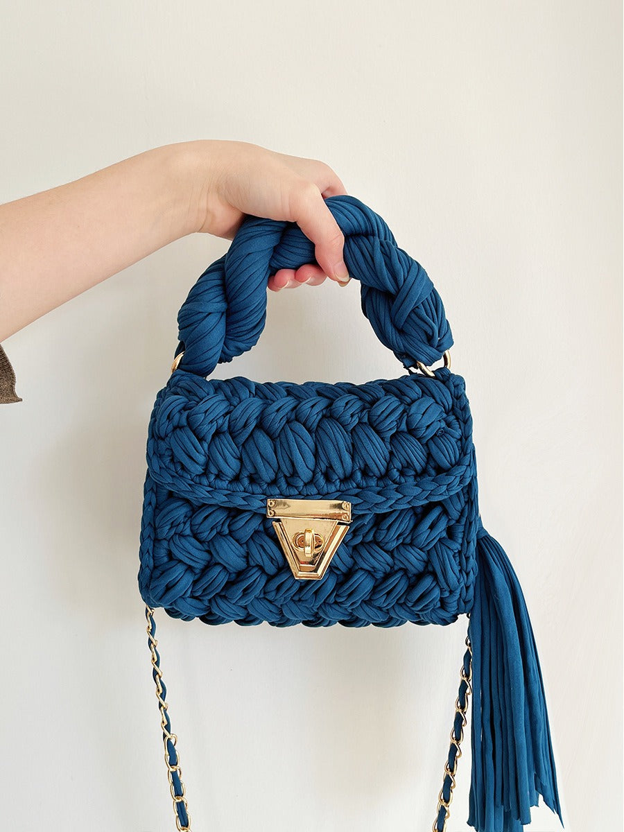 Hand woven bag crochet bag shoulder bag women's Fried Dough Twists portable tassel bag