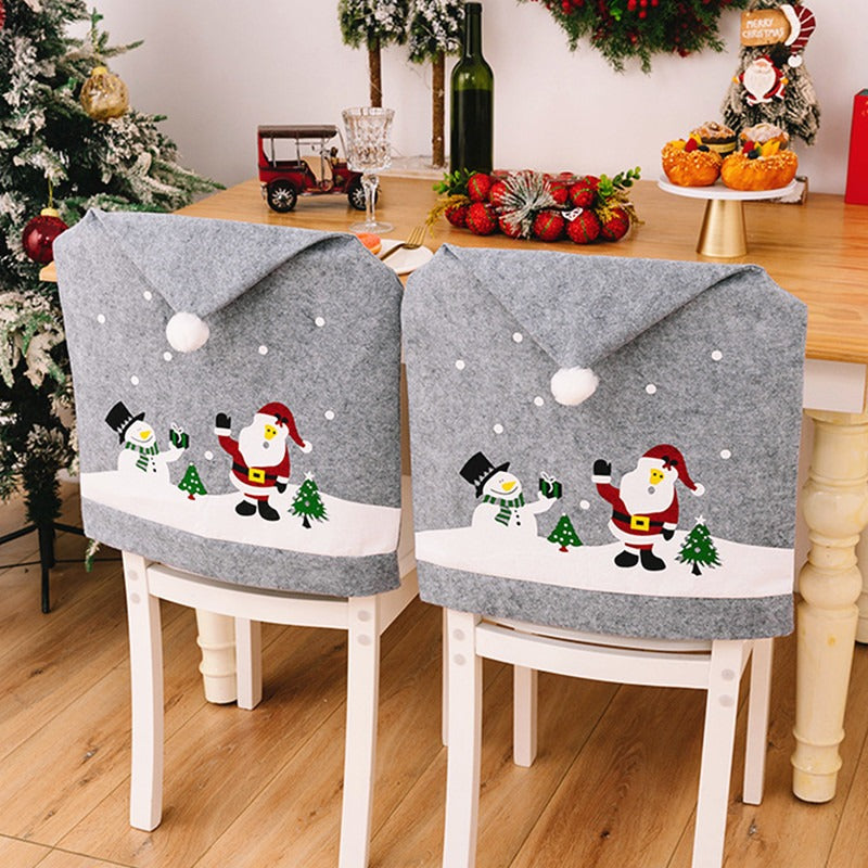 Grey printed chair cover elderly snowman non-woven fabric chair cover Christmas hat dining chair cover home use