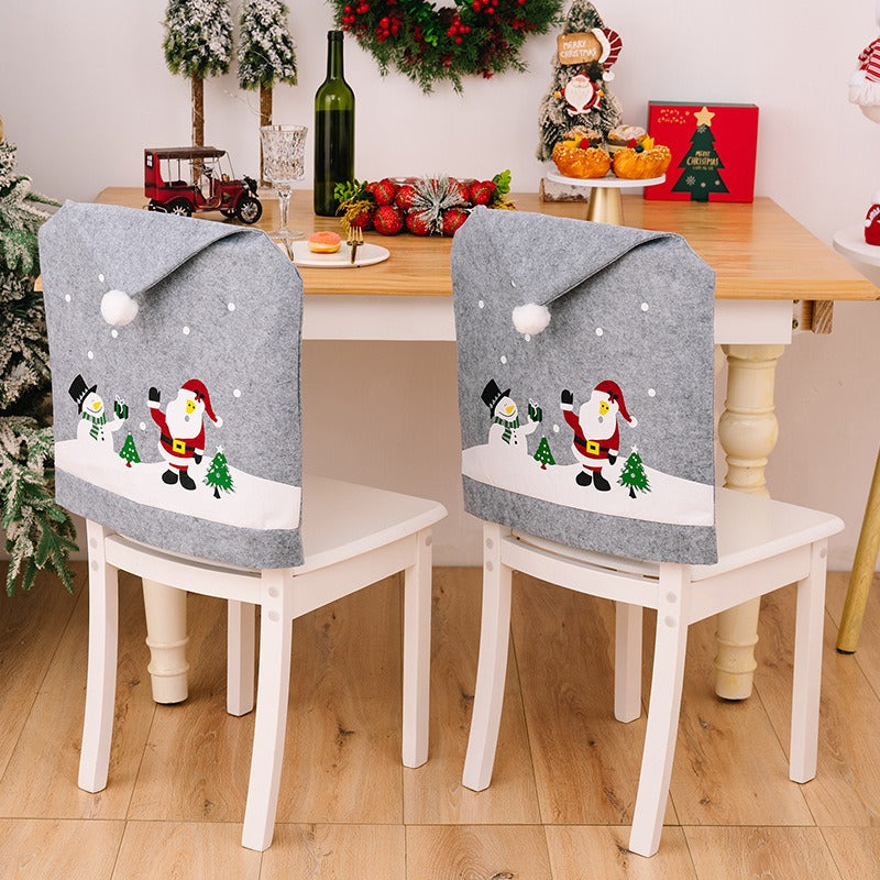 Grey printed chair cover elderly snowman non-woven fabric chair cover Christmas hat dining chair cover home use