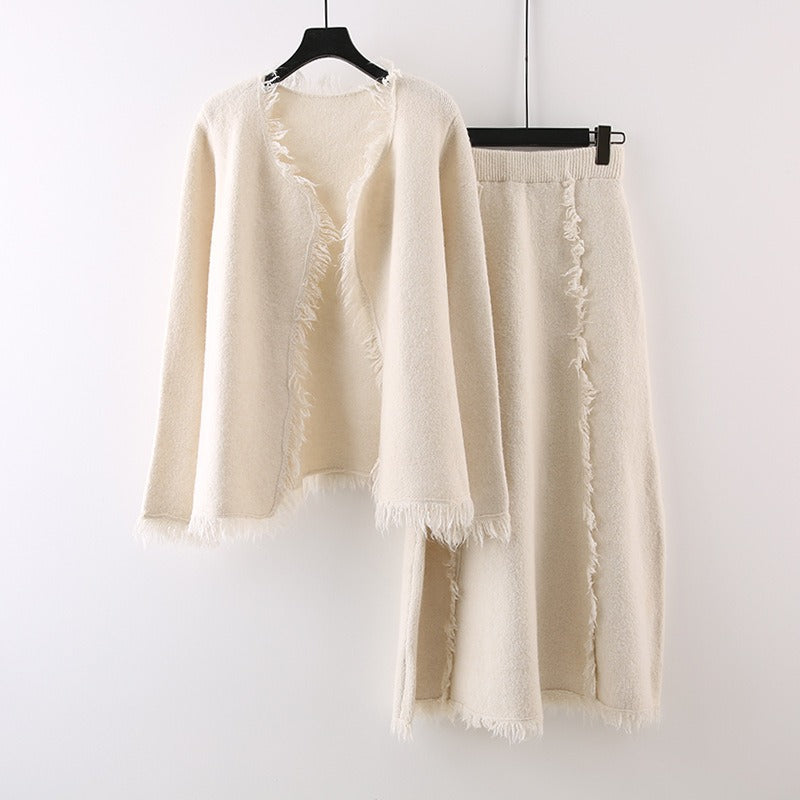 Autumn and Winter New Small Fragrant Hairy Knitted Shirt Set Skirt Loose and Slim Korean Half Body Skirt Two Piece Set