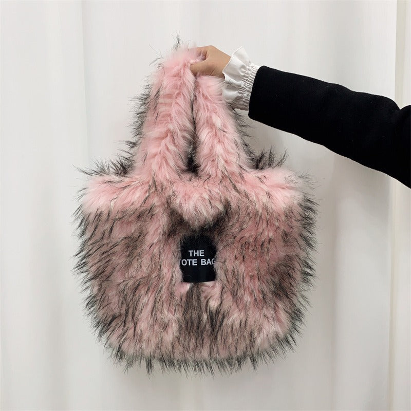 Crossbody Tote Bag Imitation Raccoon Fur Grass Plush Large Capacity Tote Bag Personalized Retro