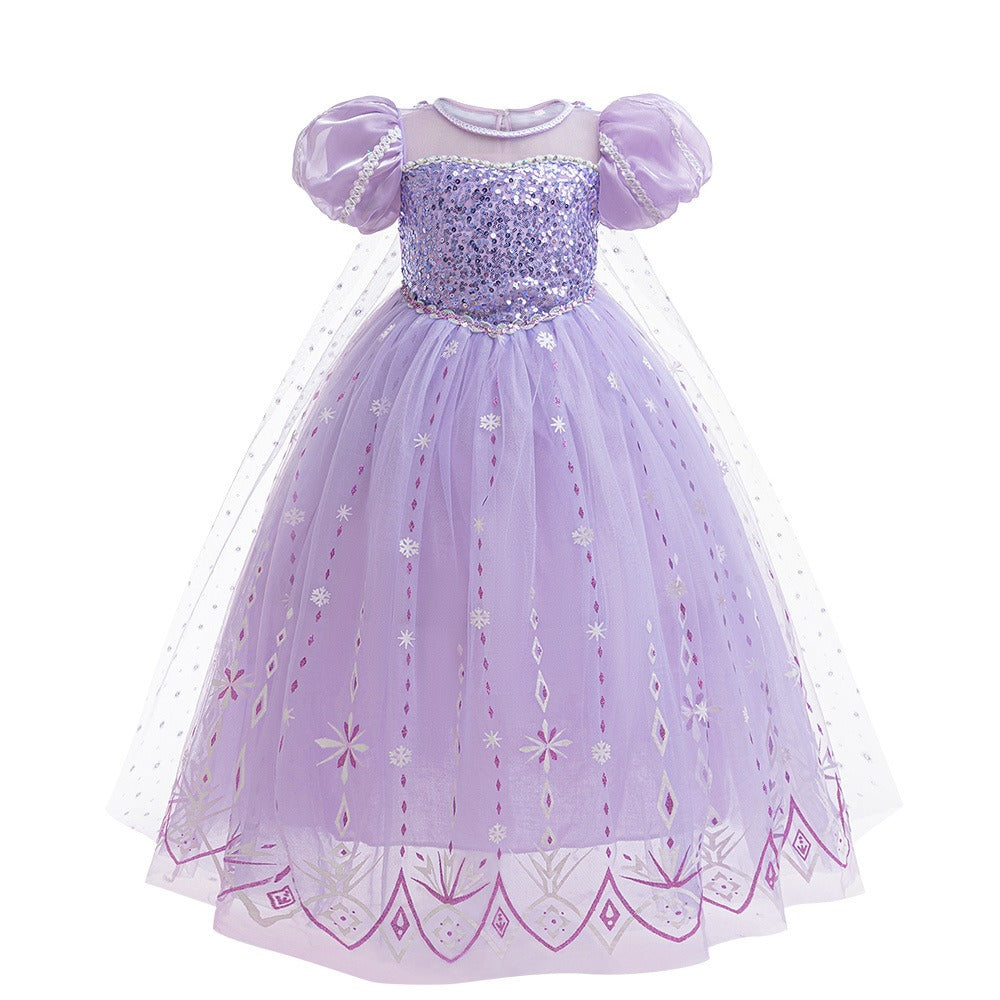 Frozen 2 Elsa Princess Dress Purple Bubble Sleeves Pearl Mesh Girls' Cosplay Dress Performance Dress