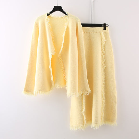 Autumn and Winter New Small Fragrant Hairy Knitted Shirt Set Skirt Loose and Slim Korean Half Body Skirt Two Piece Set