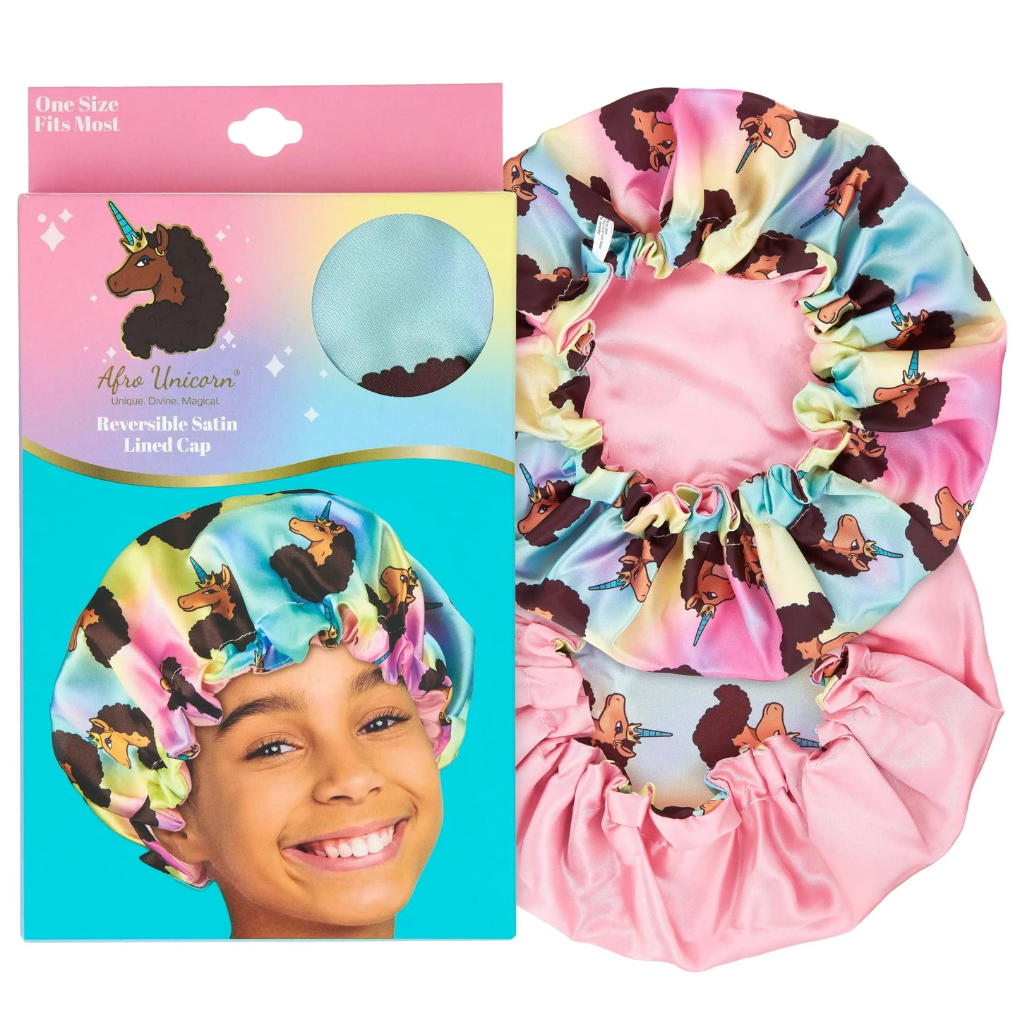 Afro Unicorn Reversible Satin Lined Sleeping Cap - Girls Printed Salon