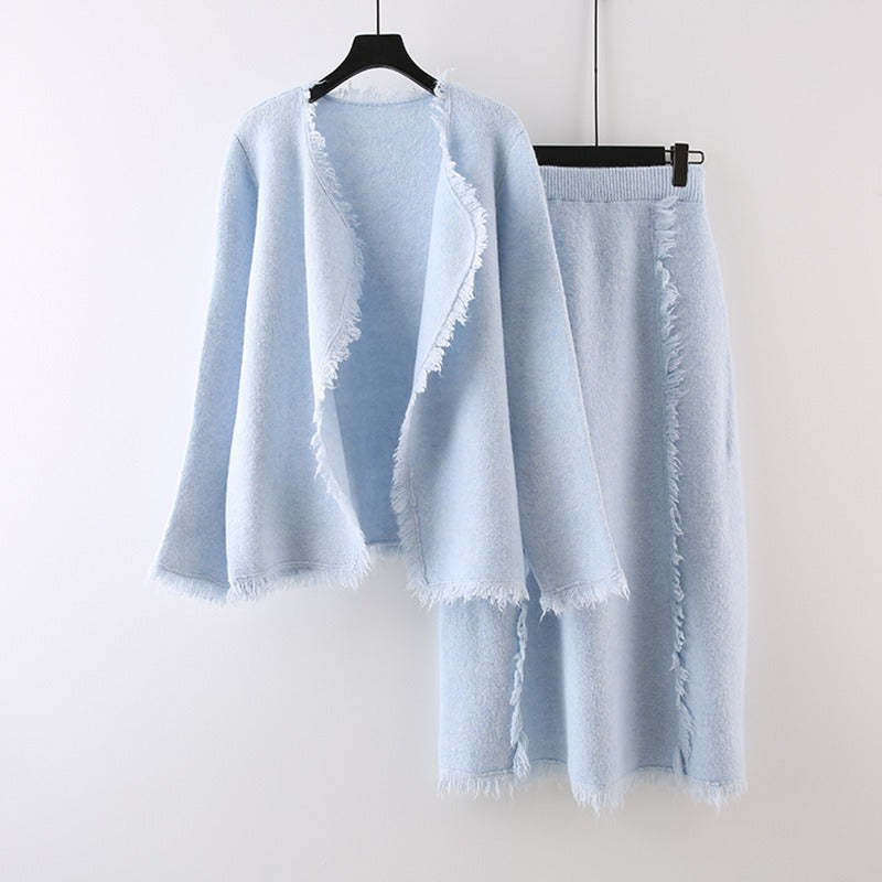 Autumn and Winter New Small Fragrant Hairy Knitted Shirt Set Skirt Loose and Slim Korean Half Body Skirt Two Piece Set