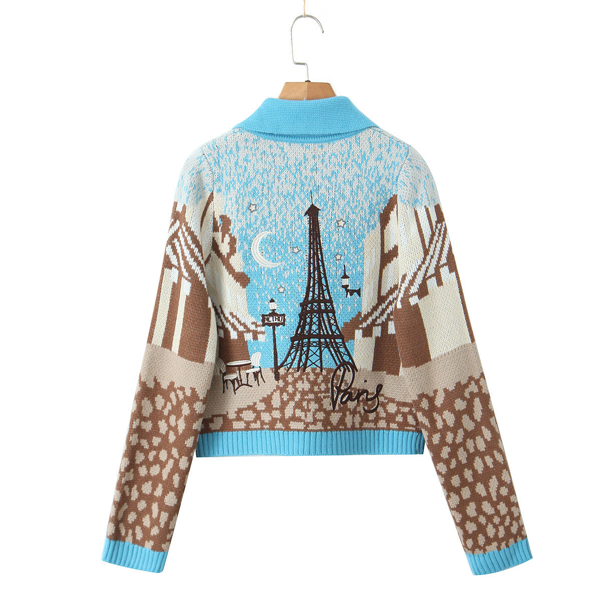 New European and American style printed short style lapel long sleeved knitted cardigan jacket